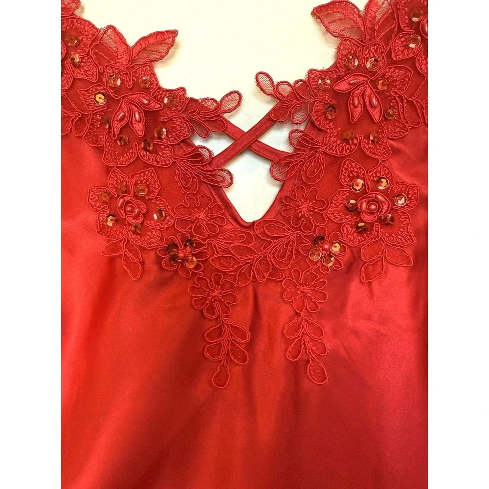 Vintage 90s Shirley Hollywood Satin‎ Lace Mini Cami Slip Dress Size M Red Sheer